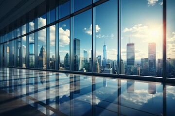 Skyscraper office buildings with reflection - obrazy, fototapety, plakaty