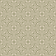 Vector geometric line pattern. Abstract seamless striped ornament. Simple green and beige texture with stripes, lines, stars, octagons, chevron. Stylish linear background. Modern retro style design