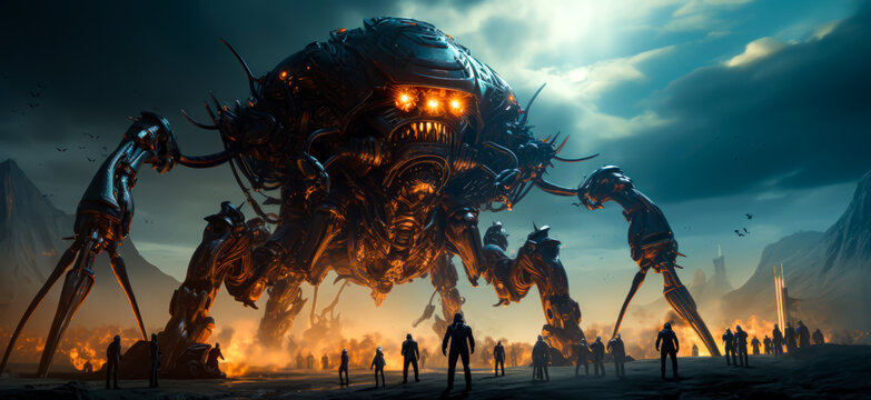 humanity is subdued by giant robots created with artificial intelligence, post-apocalyptic cinematic style.