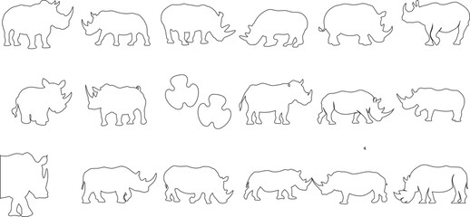 minimalist rhino line art vector illustration. Perfect for modern logo design, branding, and wildlife-themed projects. This black and white sketch captures the majestic rhinoceros in various poses and