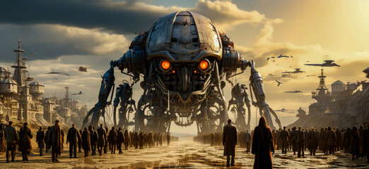 humanity is subdued by giant robots created with artificial intelligence, post-apocalyptic cinematic style.