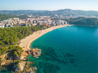 Fototapeta na wymiar Lloret de Mar on the Costa Brava of Girona images of the beach, main panoramic from the air with drone