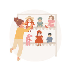 Dolls and toys isolated cartoon vector illustration. Beautiful girl with collection of vintage dolls, collect rare toys items, lifestyle and hobby, hands-on activity vector cartoon.