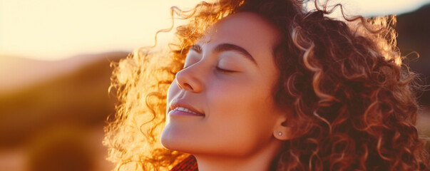 Close up sunset portrait of attractive woman with closed eyes and sun in back light, Dreaming and enjoying feeling concept lifestyle emotion, Serene female people outdoor with curly hair - obrazy, fototapety, plakaty
