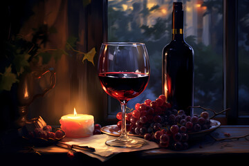 red wine with grape wine and bottle - obrazy, fototapety, plakaty