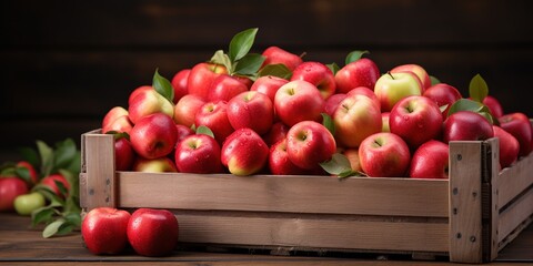 Natural red apples with green leaves in wooden box with label with text 100 percent organic. Concept of new crop and harvest. Seasonal, farm fruits.