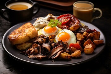 Delicious breakfast with eggs, bacon, hash browns, black pudding, mushrooms, toast, and coffee. Generative AI - obrazy, fototapety, plakaty