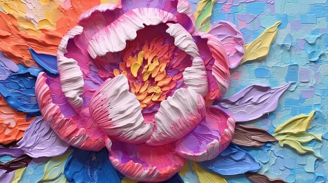 Generative AI, Oil painting of flowers on canvas. Beautiful abstract colorful flowers. Macro impasto painting.	
