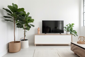 Fototapeta premium Television on cabinet in contemporary living space with potted plant on a white wall. Generative AI