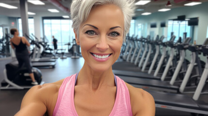 Fototapeta premium Fit mature female selfie in gym. Confident smile. Looking at camera.