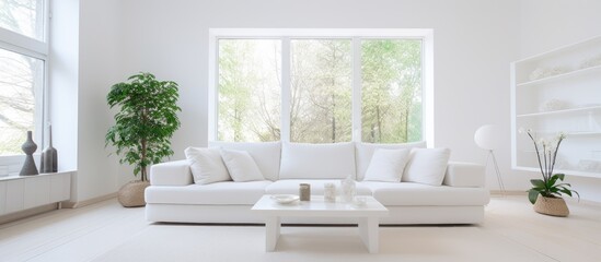Bright living space with white furnishings With copyspace for text