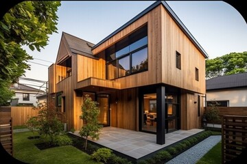 Captivating design of timeless wooden house in a charming neighborhood. Generative AI