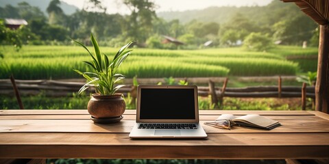 Paddy fields, a wooden table with a plant vase, a blank laptop screen, and a landscape