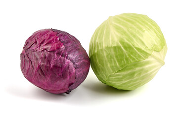 Cabbage set. Red cabbage and white cabbage, isolated on white background. Healthy organic food,...