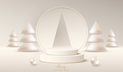 Christmas card with white 3d trees and podium in cream brown design. Xmas place to display gift sale product with balls. Happy New Year concept.