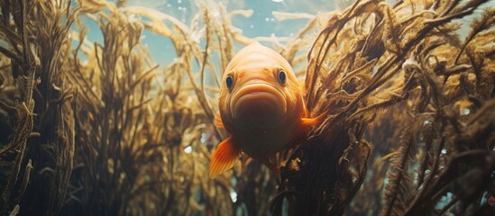 Close up of a Garibaldi fish in kelp With copyspace for text