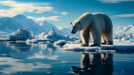 a polar bear standing on ice floes in the water of north pole - obrazy, fototapety, plakaty