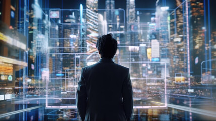 Fototapeta premium A businessman immersed in generating a wireframe for a global network connection