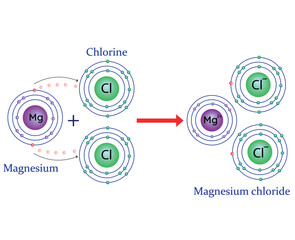Magnesium chloride formation illustration. Reaction of magnesium with chlorine.