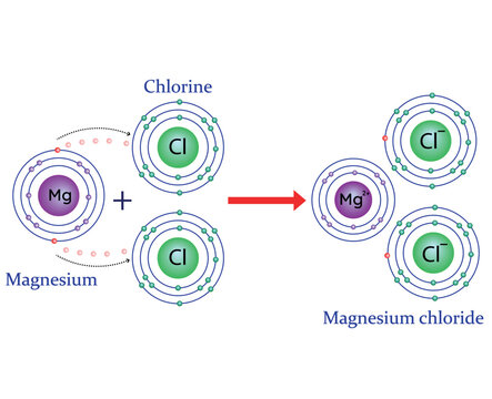 Magnesium chloride formation illustration. Reaction of magnesium with chlorine.