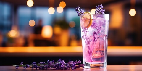 Summer trendy drink. Natural lavender lemonade with lavender flowers, lemon and ice cubes in glass...