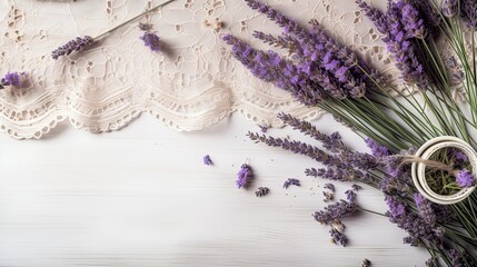 Lavender and Lace: Sprigs of fresh lavender laid out alongside vintage lace trims, offering a scent of nostalgia on a white canvas