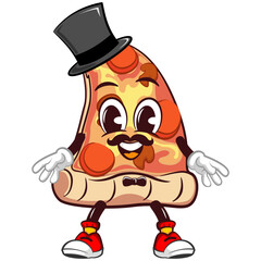 vector mascot character of a slice of pizza dressed up vintage with mustache, hat and bow tie