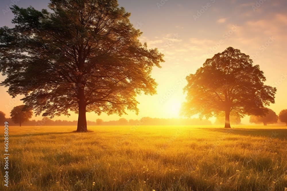 Poster two trees in a field with the sun setting in the background. generative ai