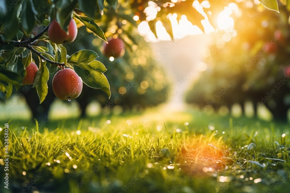 Poster a field of grass with a bunch of fruit on it. generative ai
