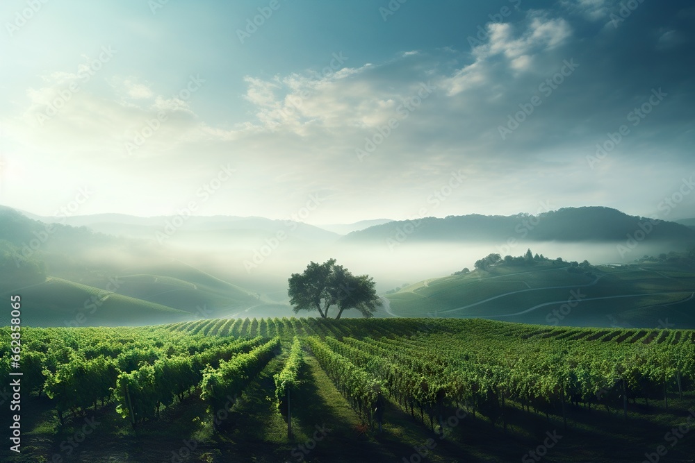 Poster a lone tree stands in a field of green grass with mountains in the background. generative ai