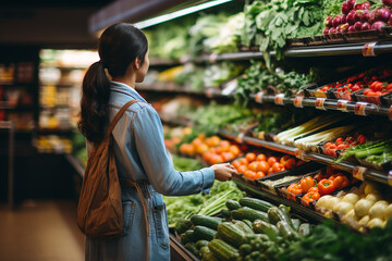 woman with long black hair buying vegetables at supermarket