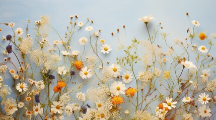 Wildflower Whimsy: Assorted wildflowers, from daisies to baby's breath, laid out in a free-spirited pattern with a vintage touch