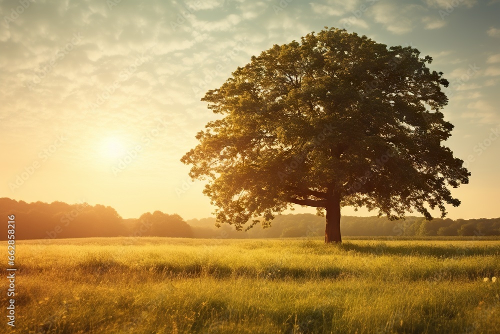 Poster a large tree in a field with the sun setting in the background. generative ai