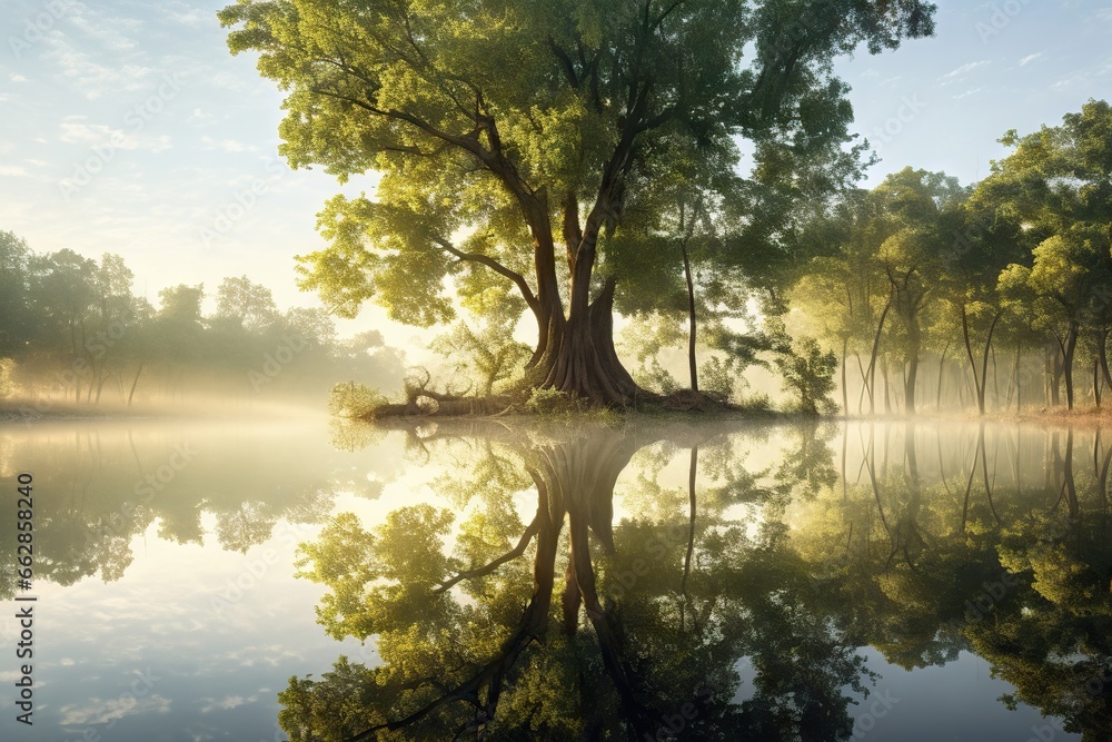 Poster a large tree sitting in the middle of a forest next to a lake. generative ai