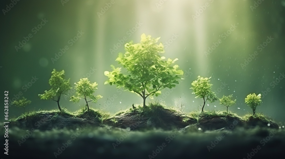 Poster a group of trees on top of a small island in the middle of the ocean. generative ai