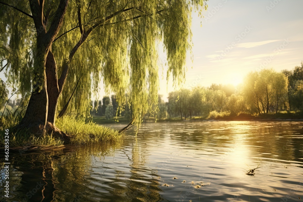 Poster a river with a tree in the foreground and a bird flying in the background. generative ai