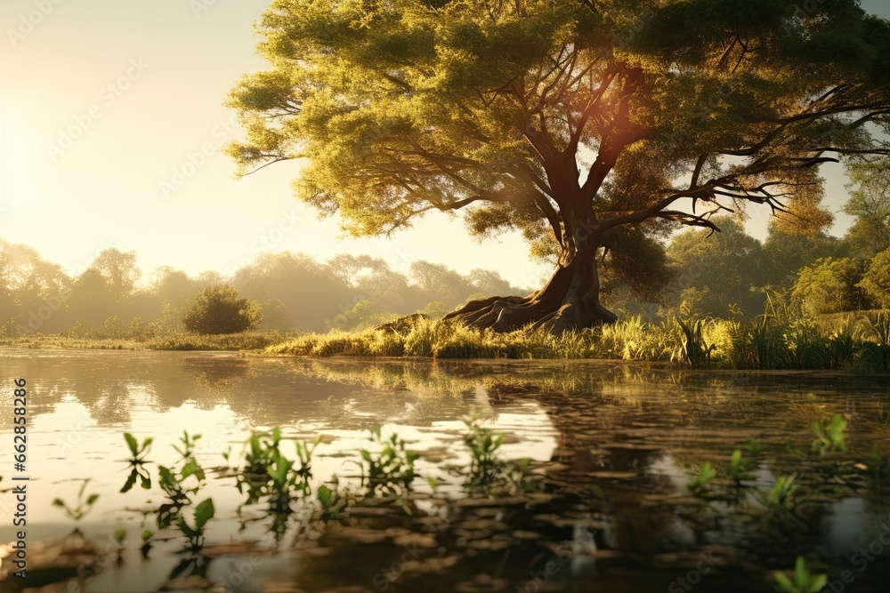 Poster a large tree sitting next to a lake in the middle of a forest. generative ai