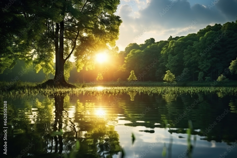 Poster the sun is setting over a lake in the middle of a forest. generative ai