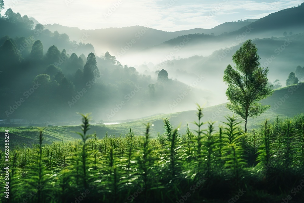 Poster a view of a valley with trees and mountains in the background. generative ai