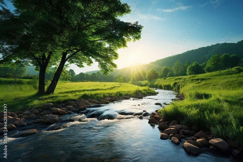 Poster a river running through a lush green field next to a forest. generative ai