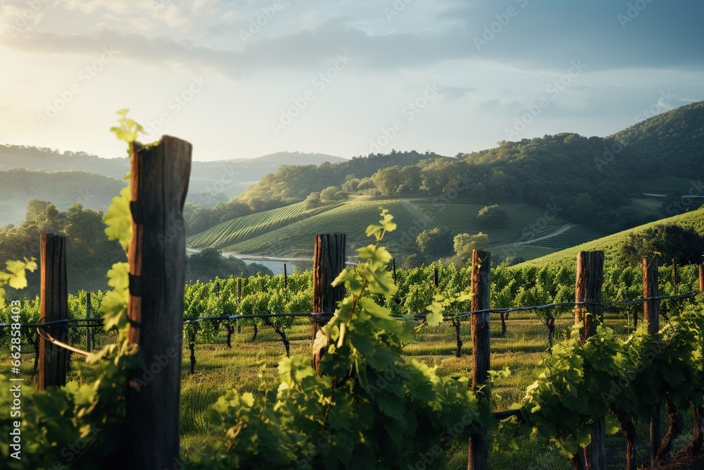 Poster a vineyard with vines in the foreground and mountains in the background. generative ai