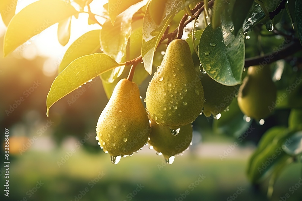 Poster pears hanging from a tree in a field of grass. generative ai