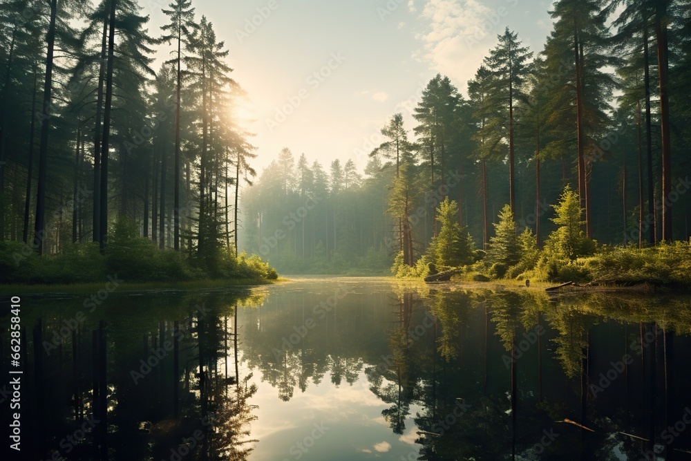 Poster a lake surrounded by tall pine trees and a forest filled with lots of trees. generative ai