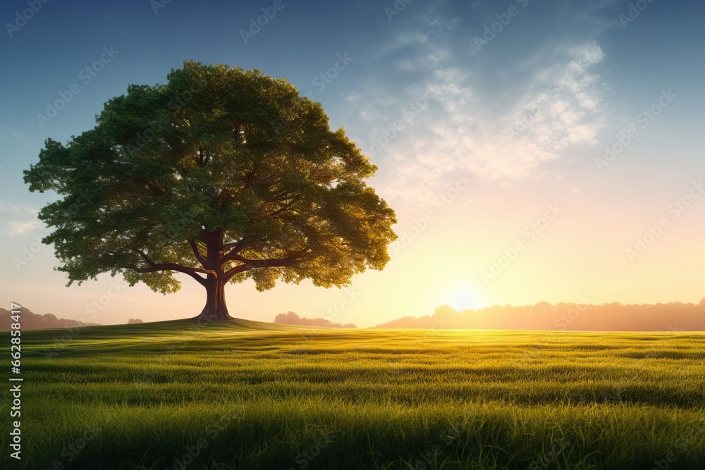 Poster a tree in a field with the sun setting behind it. generative ai