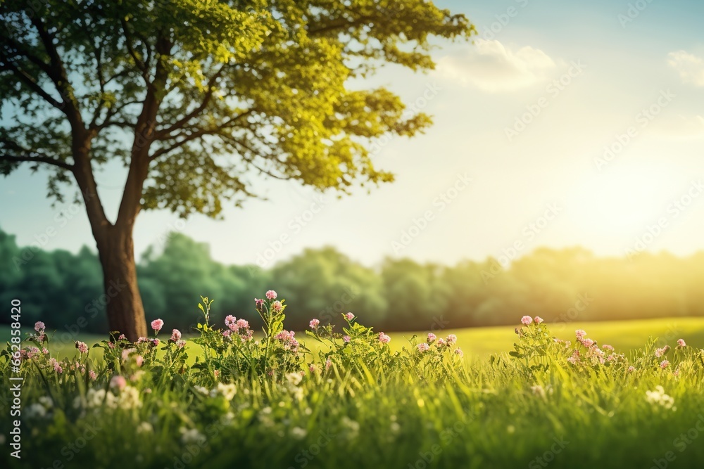 Poster a field with a tree and flowers in the foreground. generative ai