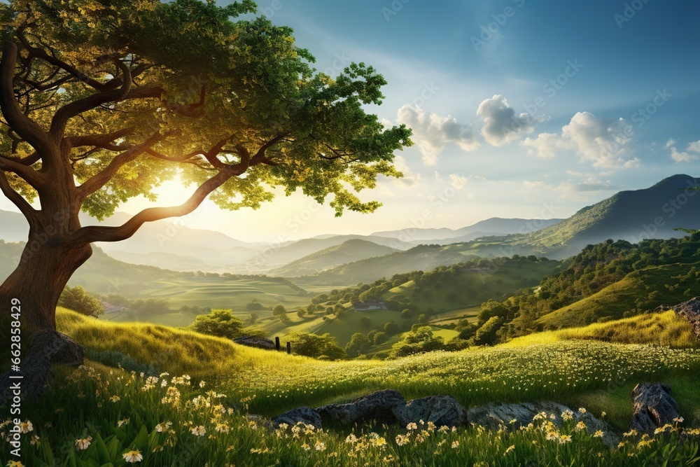 Poster a painting of a tree in the middle of a field. generative ai