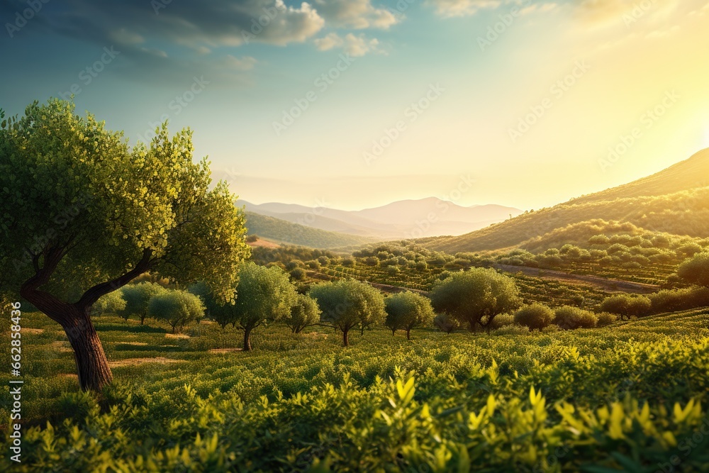 Poster a green field with trees and mountains in the background at sunset. generative ai