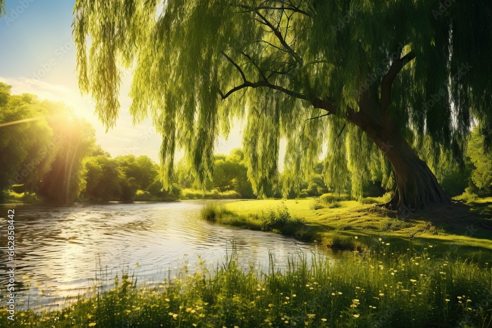 Poster a painting of a river with a tree in the foreground. generative ai