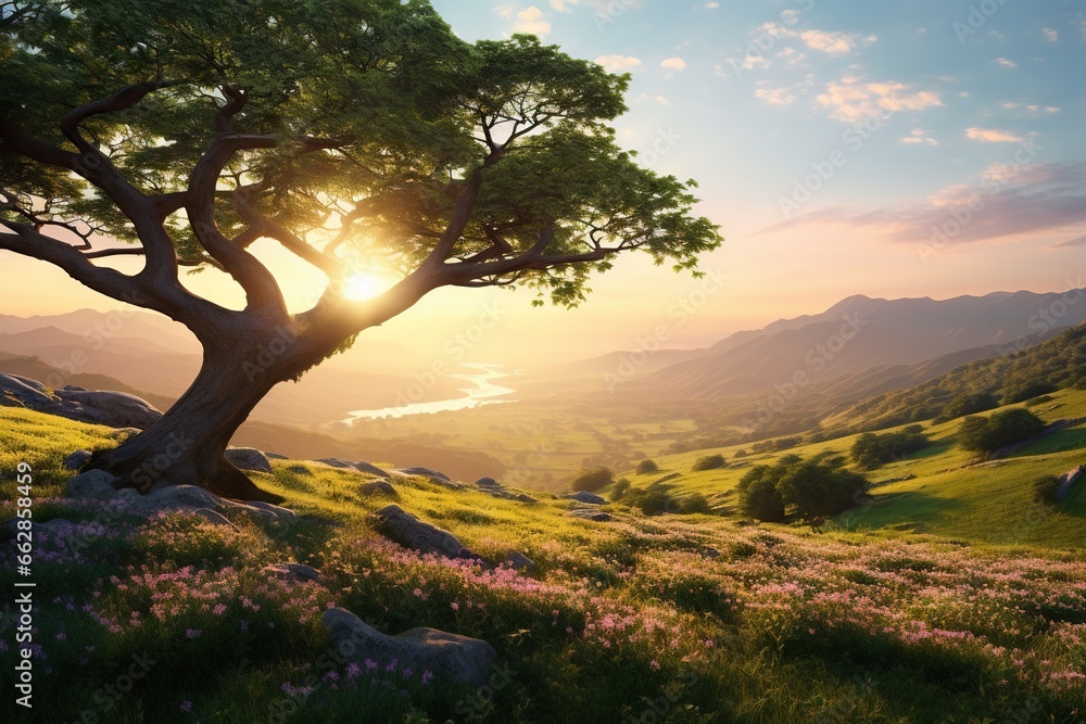 Poster a tree in a field with the sun setting in the background. generative ai