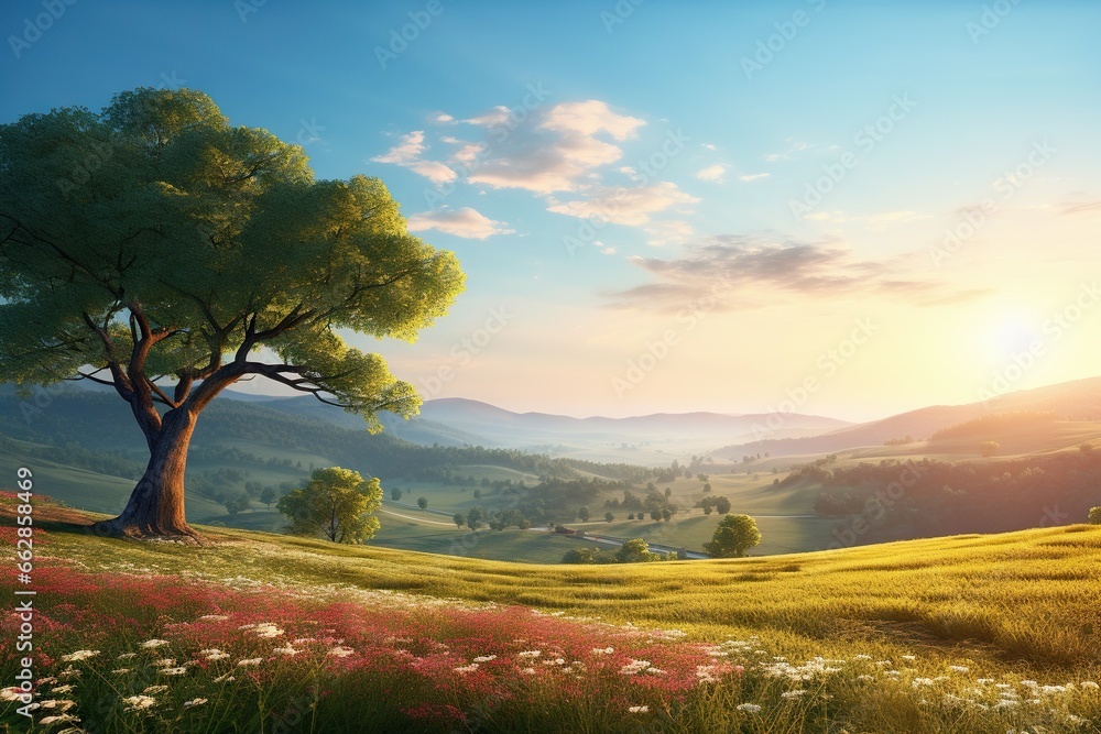 Poster a painting of a tree in a field with mountains in the background. generative ai